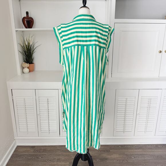 Free People We the Free 100% Cotton Green Stripe Midi Shirt Dress Size L - Picture 6 of 8